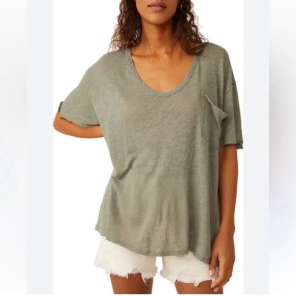 Free People All I need Linen & Cotton T-Shirt - Dried Basil - Small - NWT - Picture 1 of 6